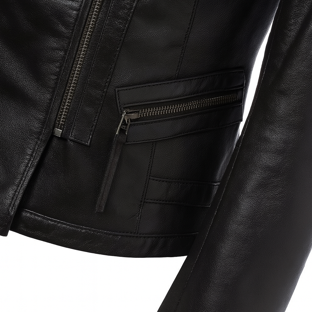 Auburn Edge women’s leather jacket, close-up of zipper and pocket.