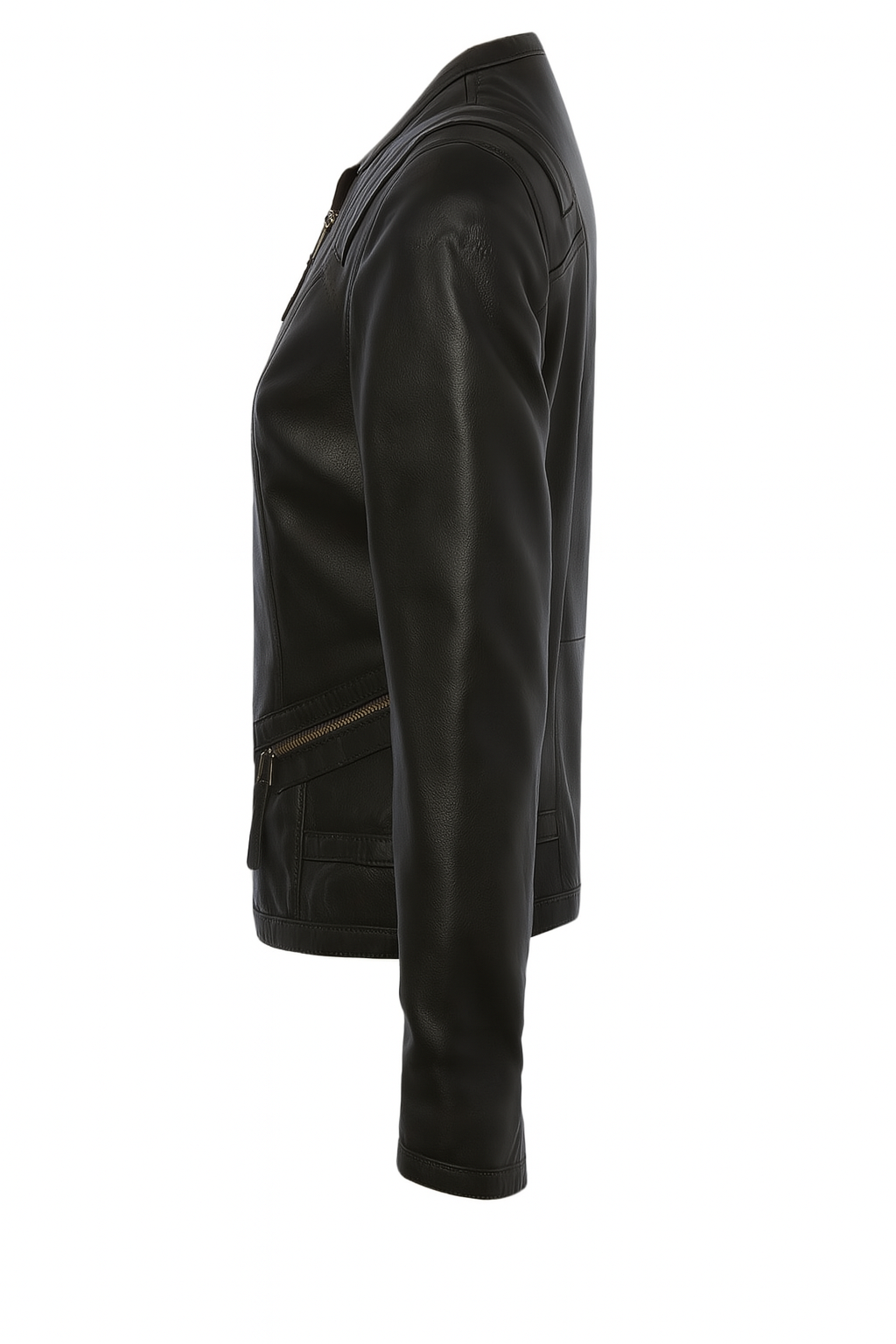 Auburn Edge women’s asymmetrical leather jacket, side profile view.