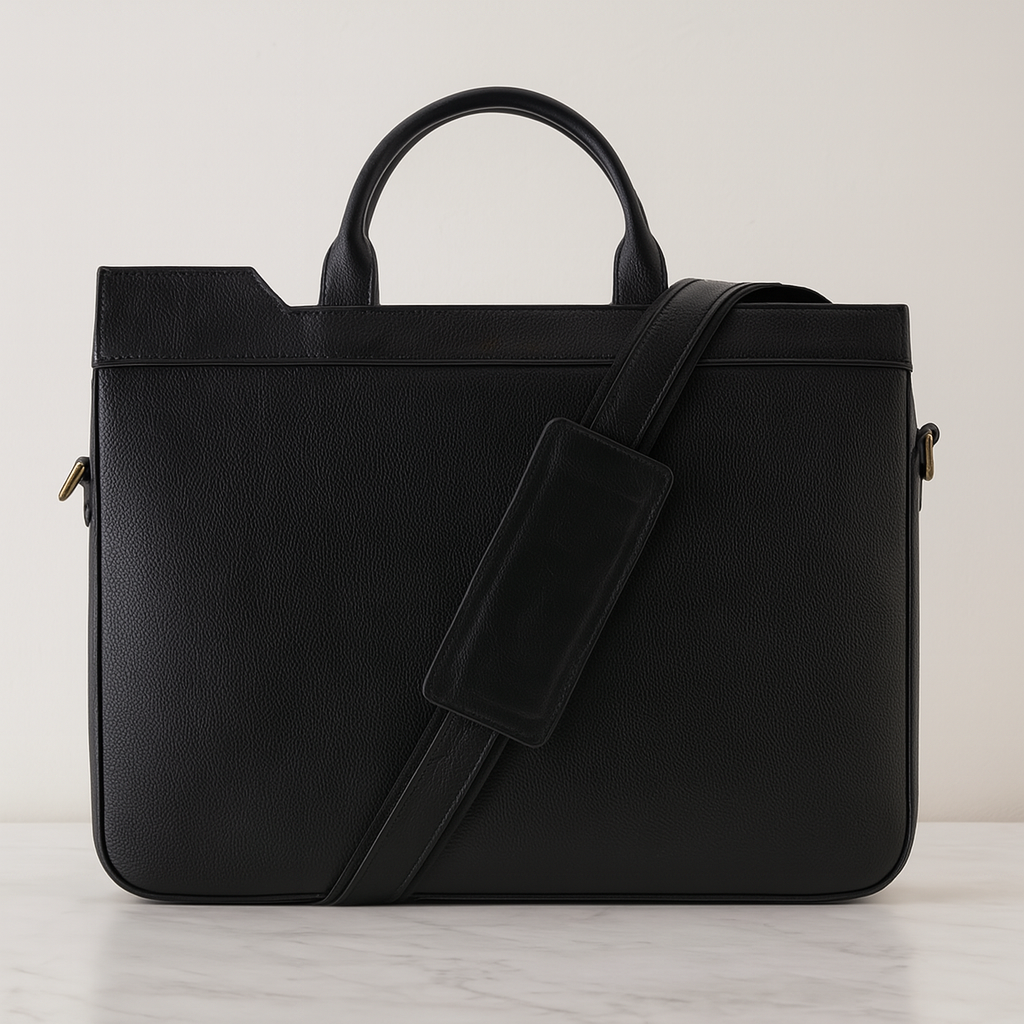 ExecutiveCraft black leather tote with jacket texture and strap detail.