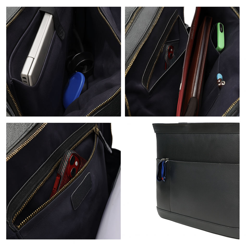 Interior and pocket details of ExecutiveCraft Leather Work Tote.