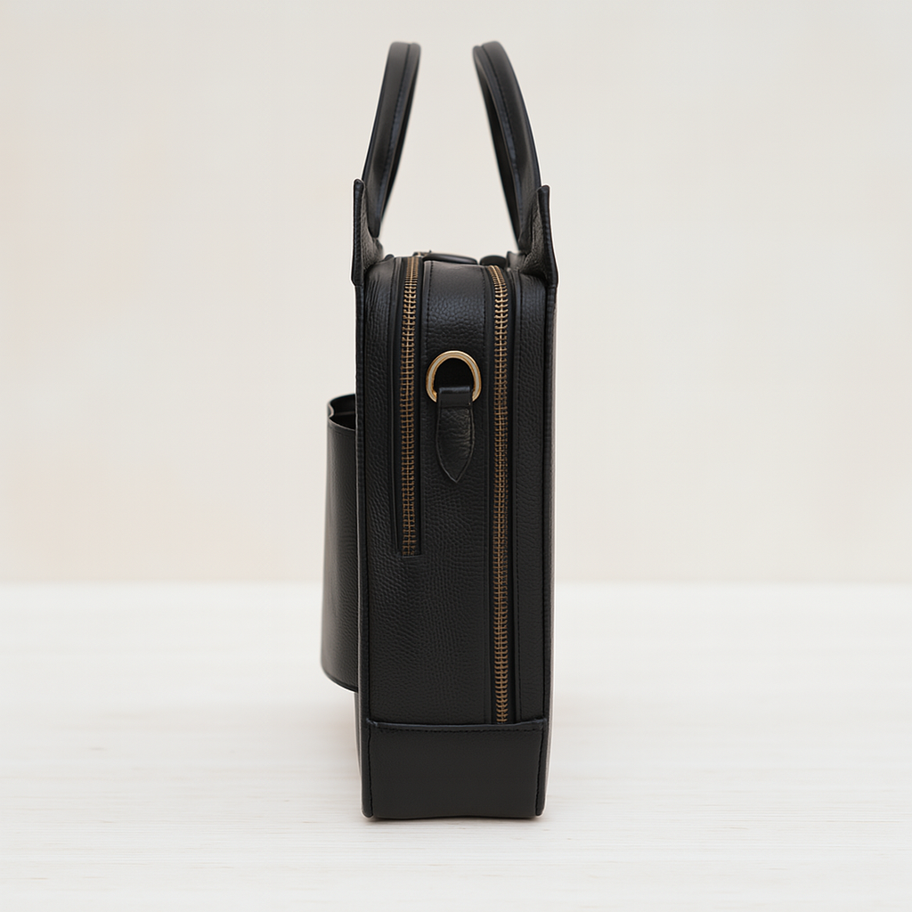 Side view of ExecutiveCraft Leather Tote with gold zipper detailing.