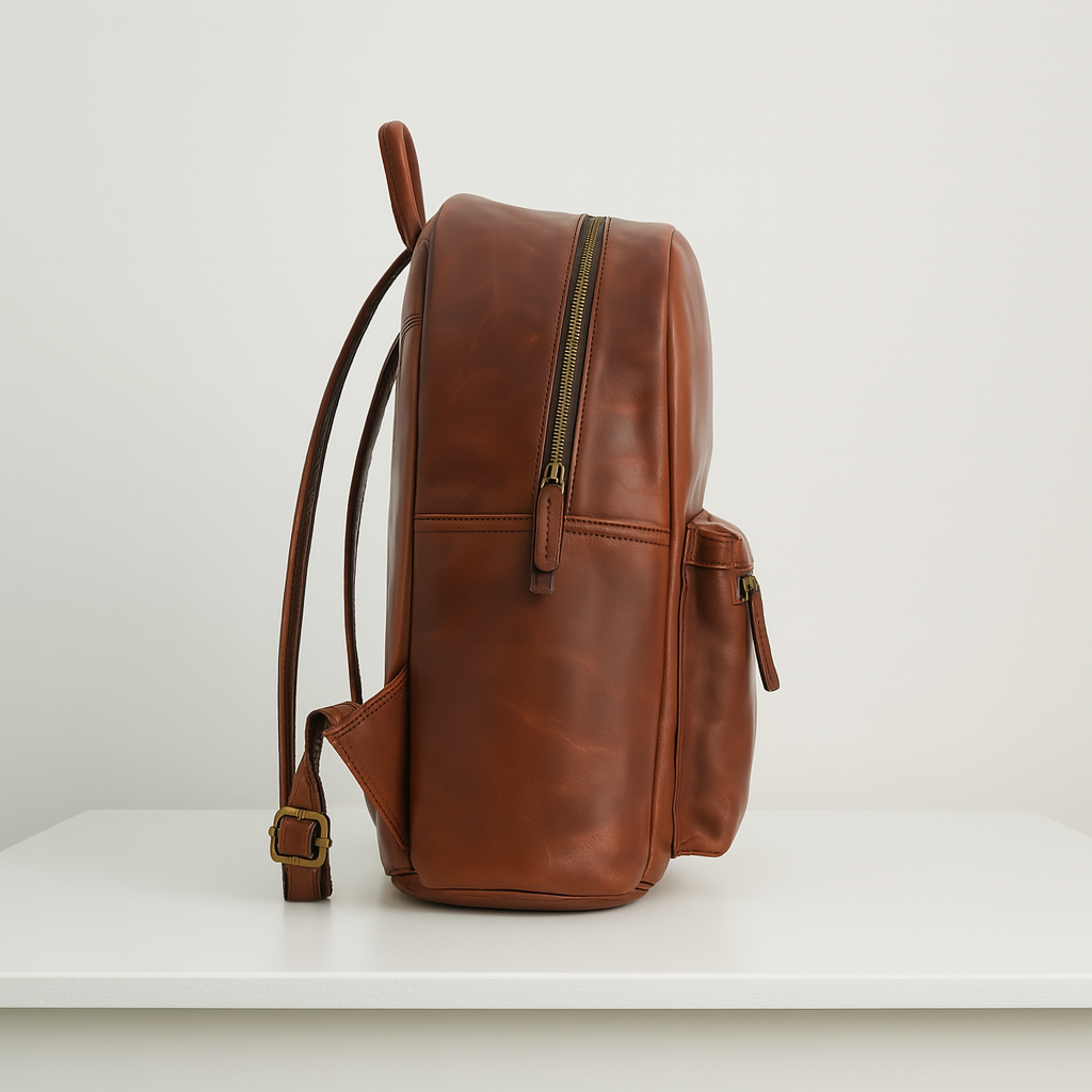 Profile view of brown leather backpack with adjustable shoulder straps