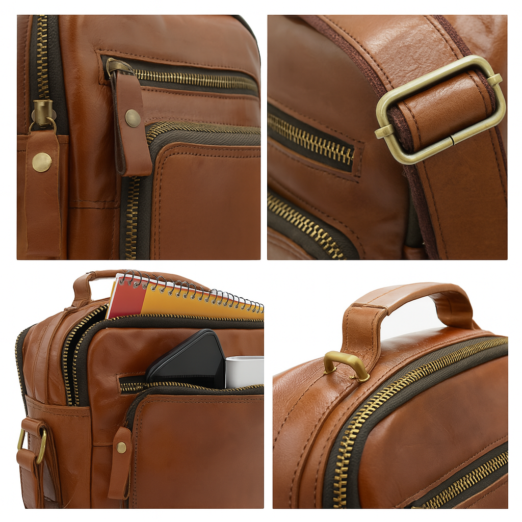Close-up details of vintage leather satchel zippers, handle, buckles, and compartments