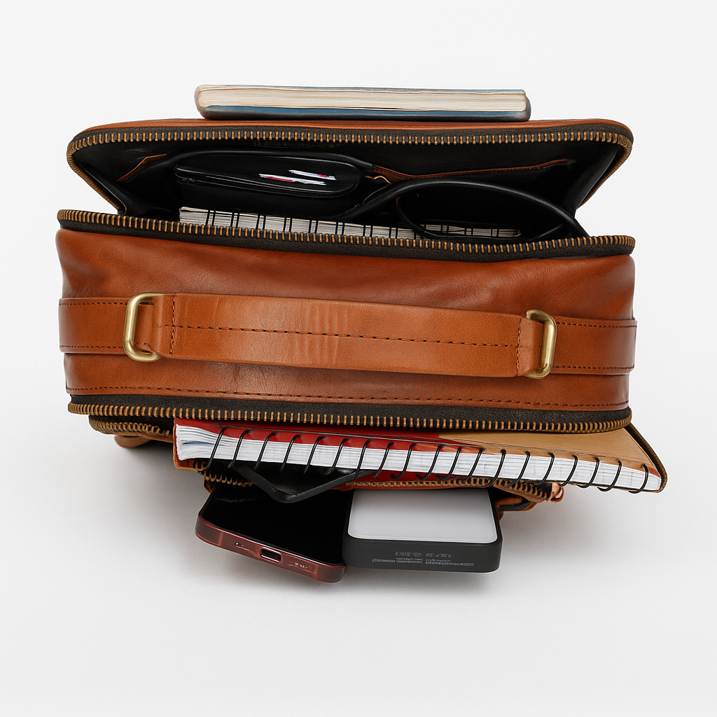 Top view of packed vintage leather satchel showing organized compartments