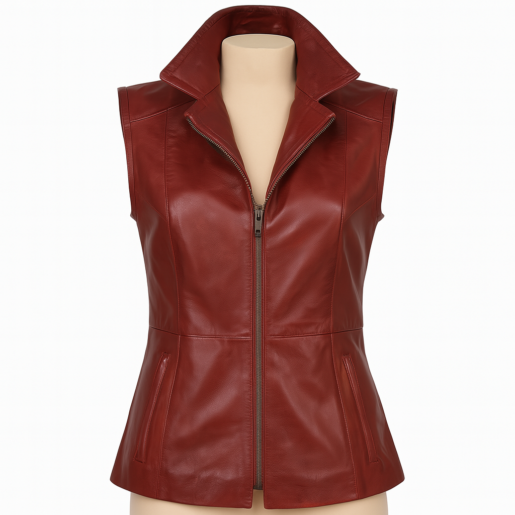 Vesta women's leather biker vest, front view in burgundy with high collar.