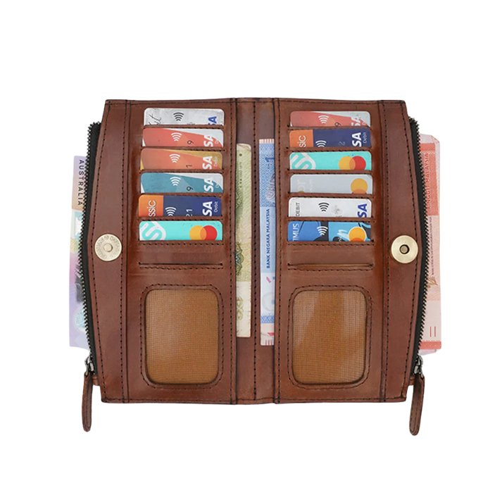 Interior view of brown leather zip wallet filled with cards, cash, and ID windows.