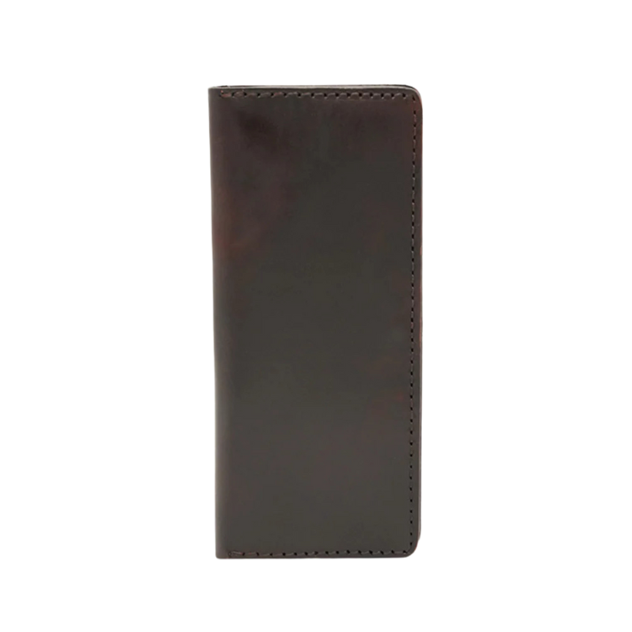 Front view of dark brown leather wallet with a smooth polished finish and clean stitching.