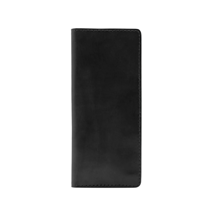 Front view of long black leather wallet with sleek finish and minimal stitching.