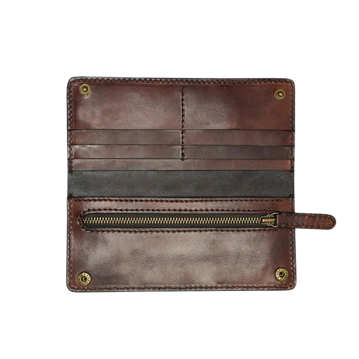 Inside view of brown leather wallet featuring card slots and a zippered coin pocket.