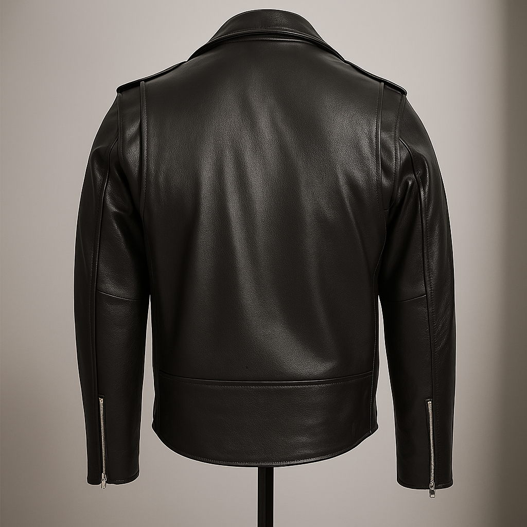 Back view of RebelCore black leather moto biker jacket.