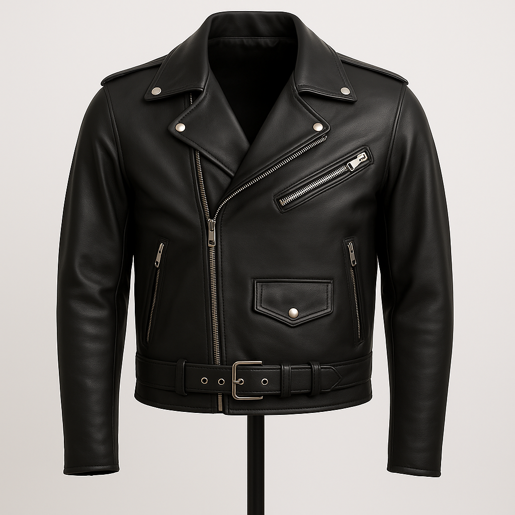 Front view of RebelCore black lambskin moto biker jacket.