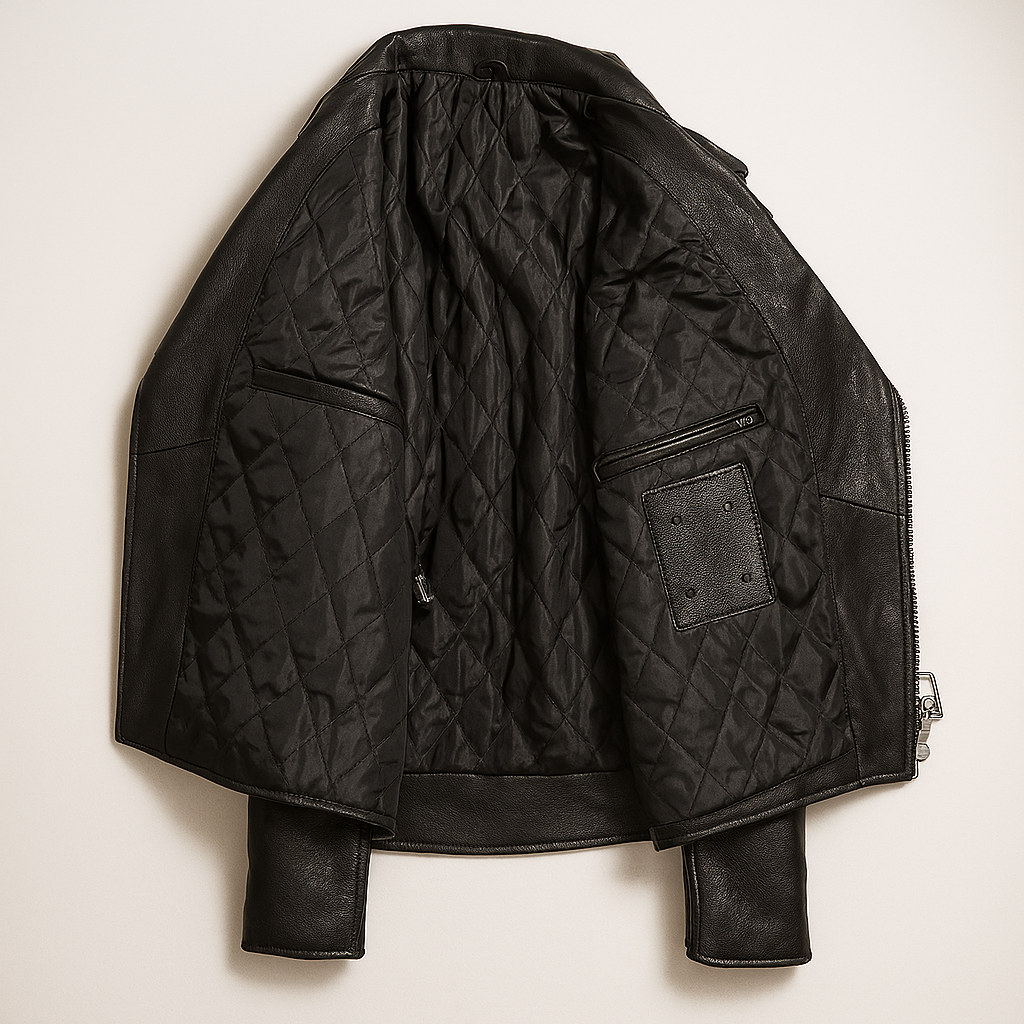 Open view of RebelCore black lambskin leather biker jacket interior.