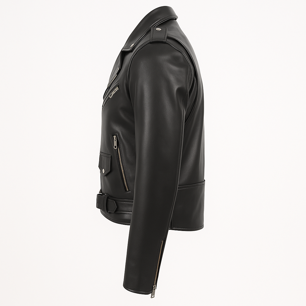 Side view of RebelCore black lambskin leather biker jacket.