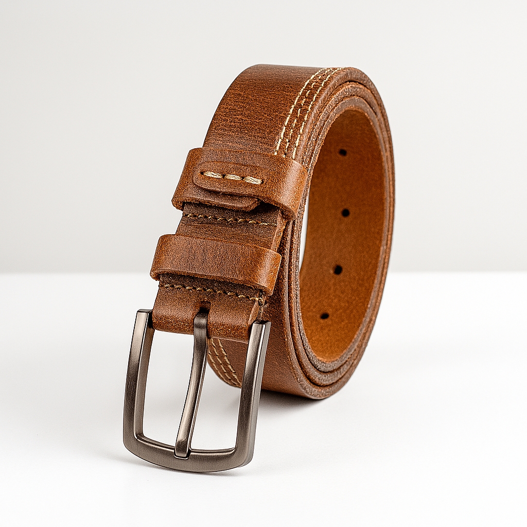 Rustic brown leather belt with contrast stitching and silver buckle, rolled upright on a white background