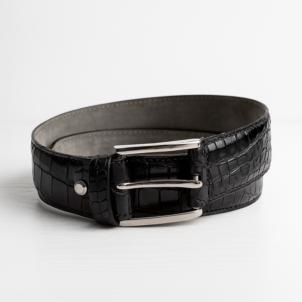 Black crocodile-textured leather belt with silver buckle on white background.
