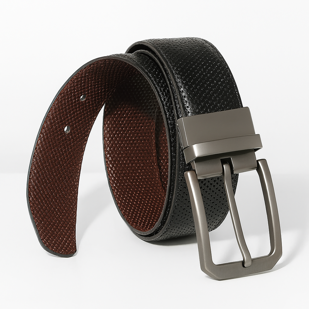 Reversible leather belt with textured black outer and brown inner side, featuring matte gunmetal buckle, standing rolled on white background