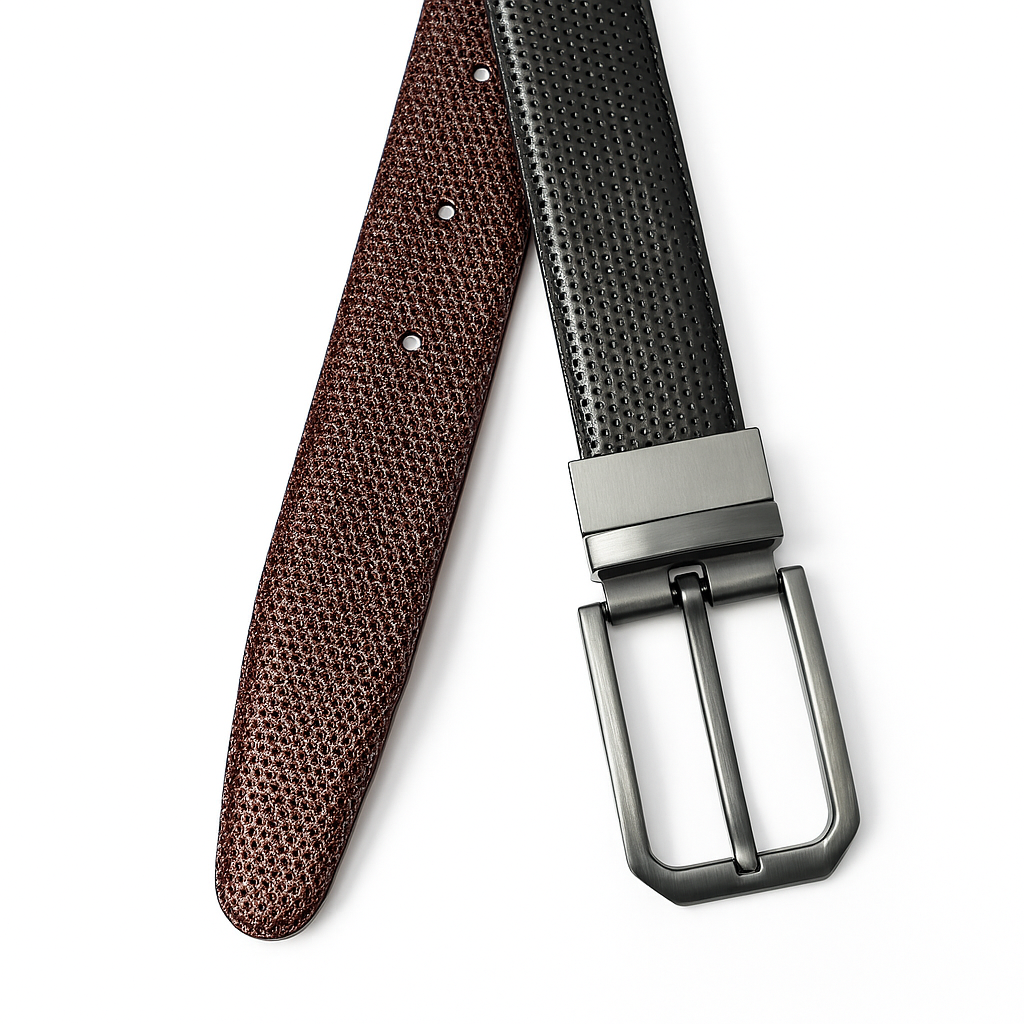 Dual-sided leather belt showing textured brown reverse and black front with matte gunmetal buckle, laid flat on white background