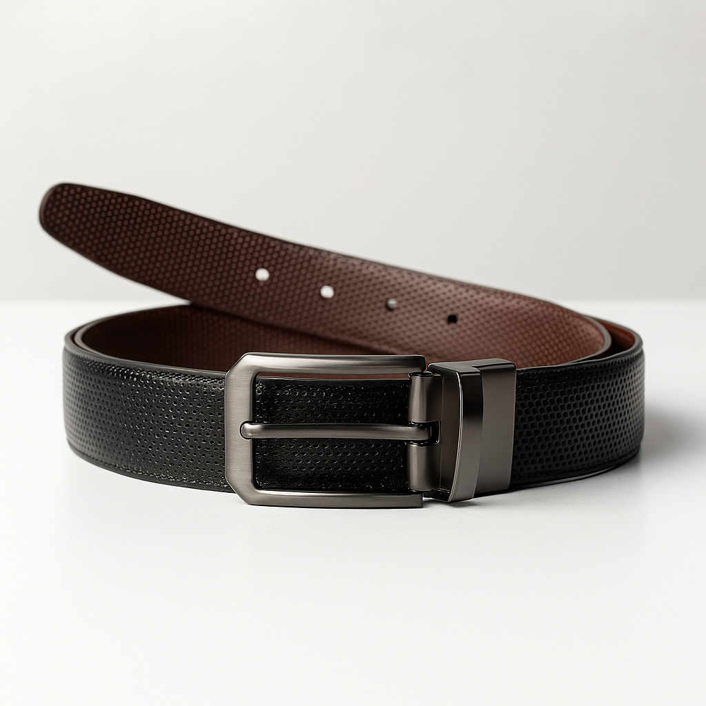 Reversible black and brown textured leather belt with gunmetal buckle, displayed uncoiled on white background