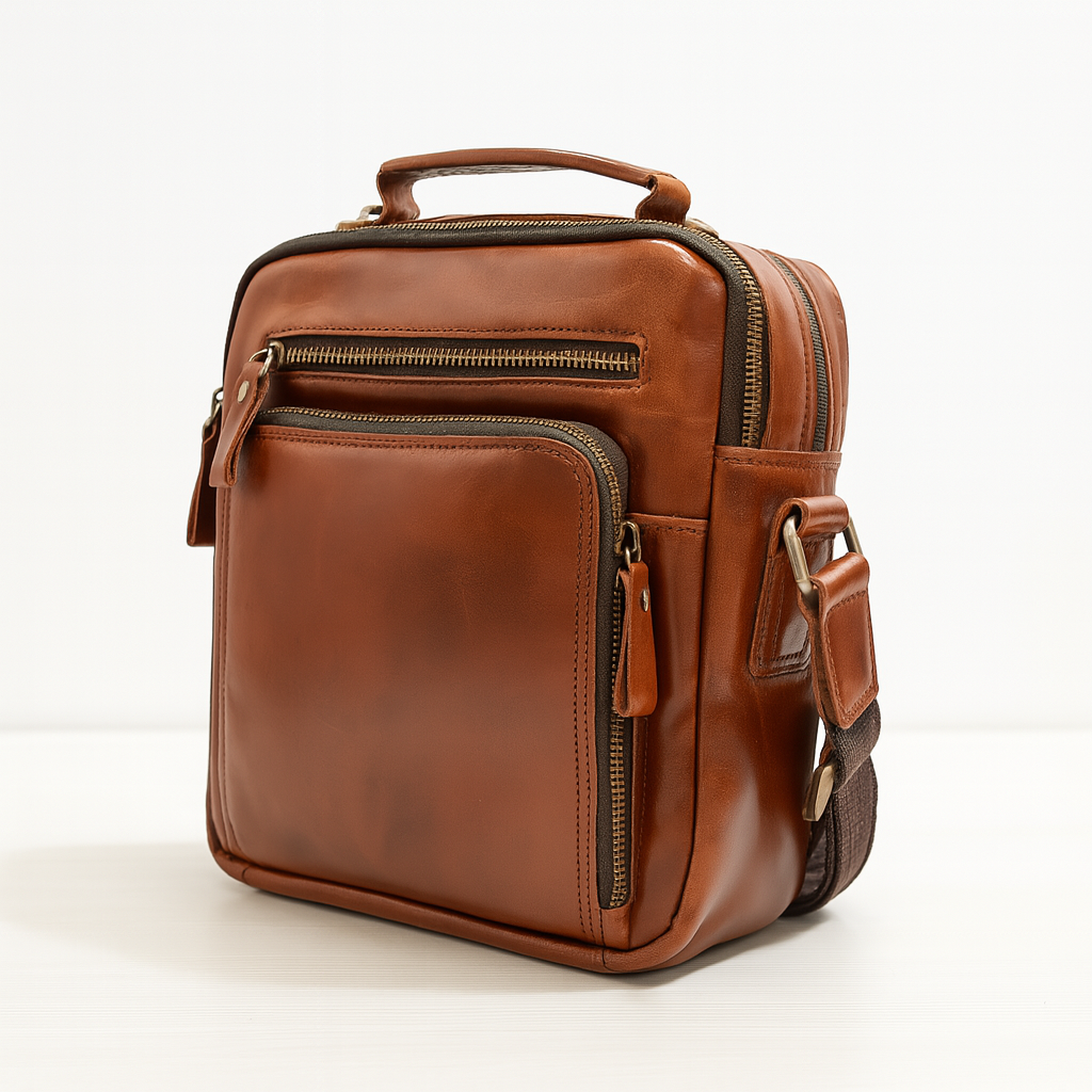 Side view of vintage leather crossbody satchel with dual front zip pockets