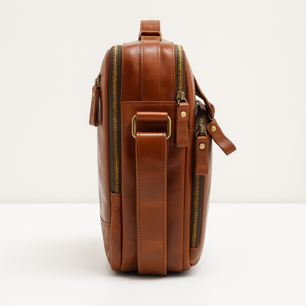 Side profile of vintage leather crossbody satchel with dual zippers and strap loop