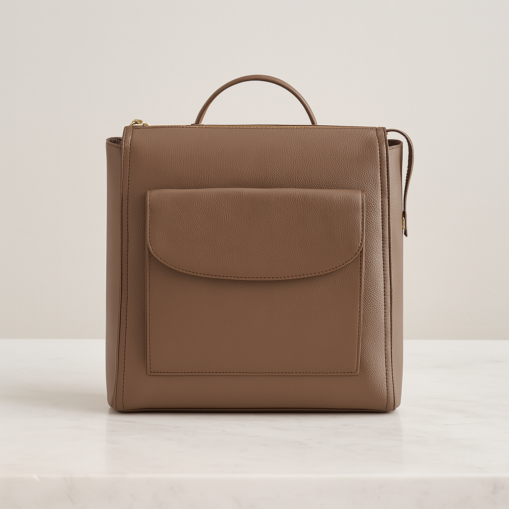 Tan leather convertible backpack with top handle and front flap pocket, jacket view shown.