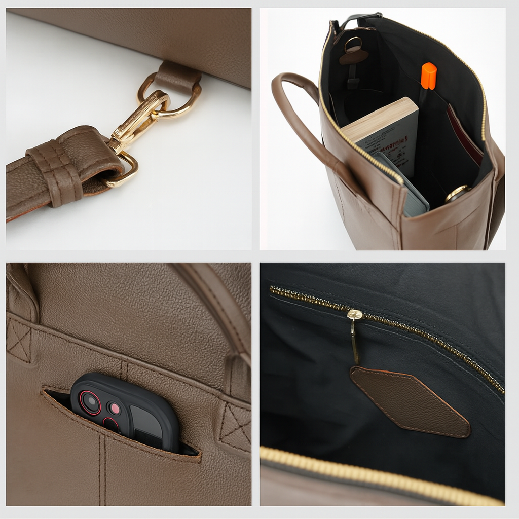 Close-up details and organized interior of brown leather convertible backpack.