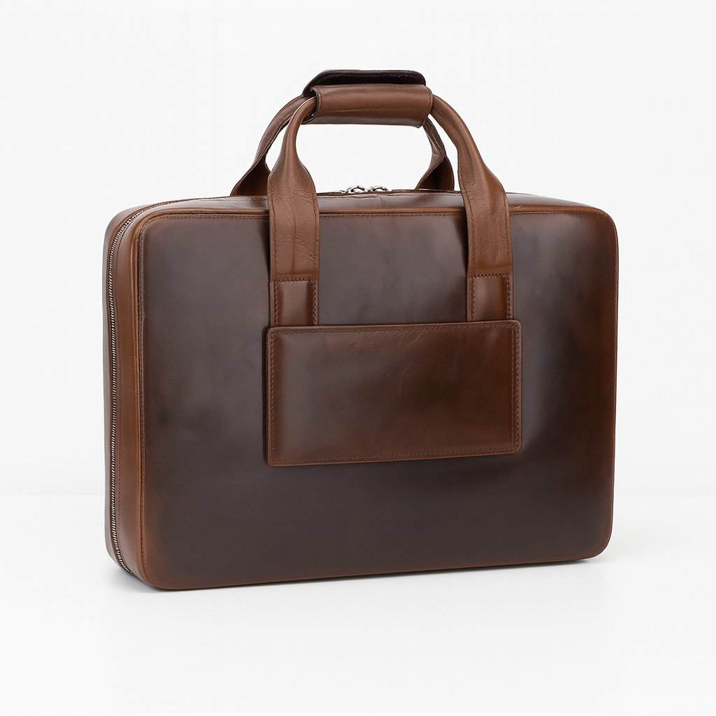 Rear view of classic leather briefcase in two-tone dark brown.