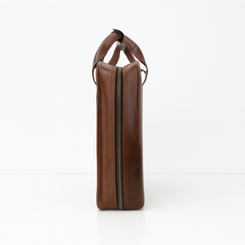Side view of classic brown leather men’s briefcase with zipper