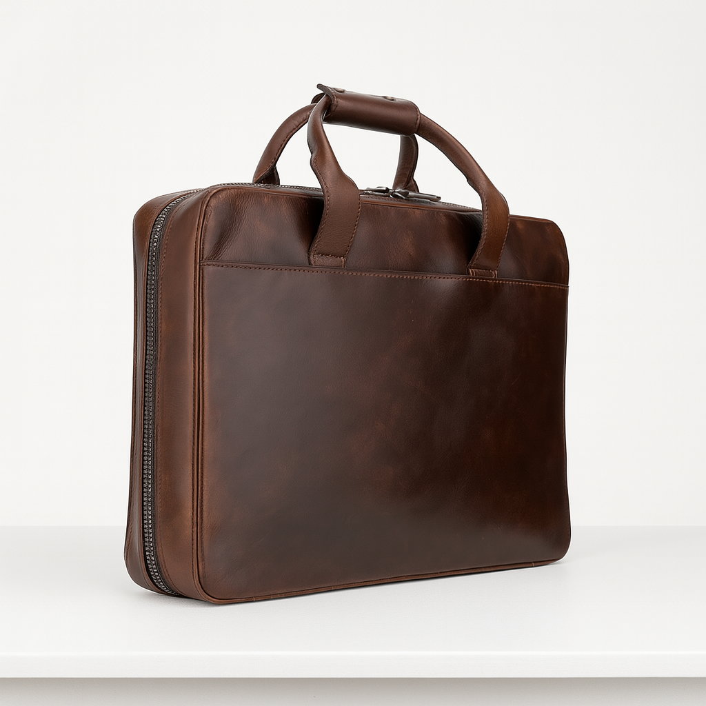 Side view of dark brown classic leather briefcase for men