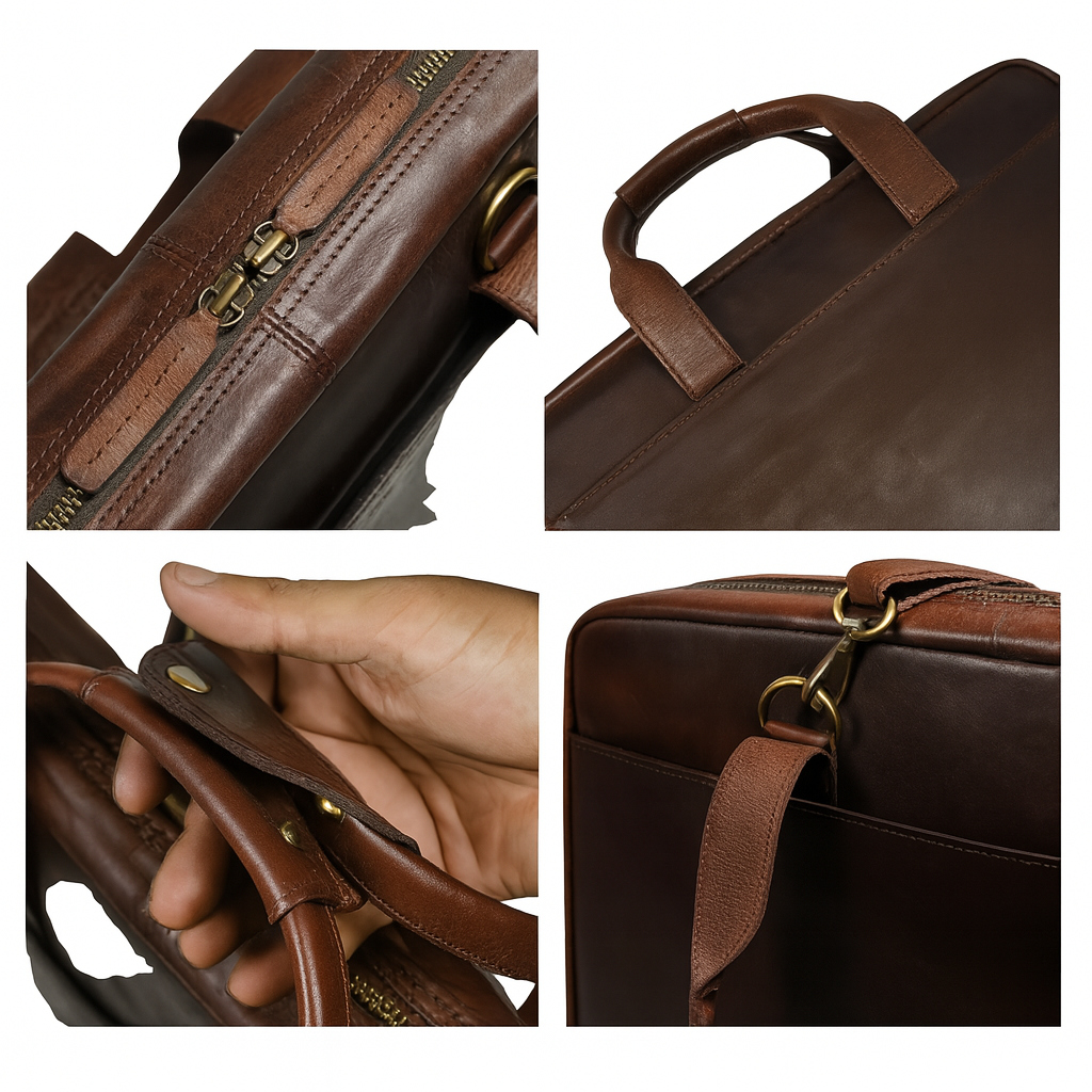Close-up views of brown leather men’s briefcase handles and hardware