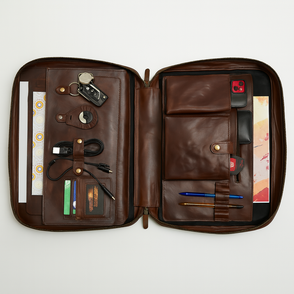 Top view of open brown leather men’s briefcase showing organized compartments