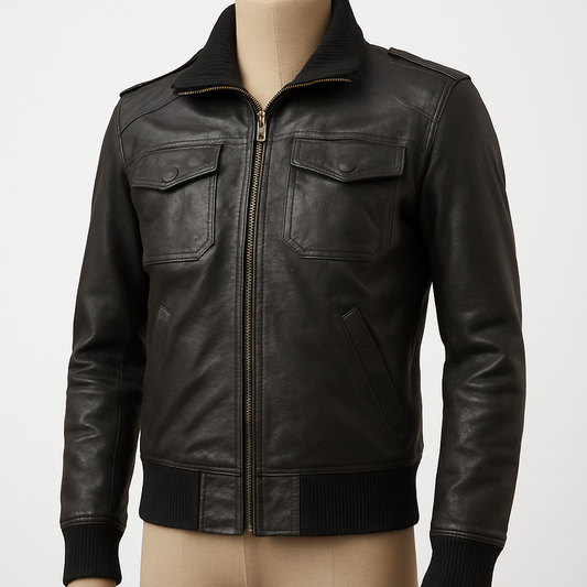Front view of AeroCore black leather bomber jacket.