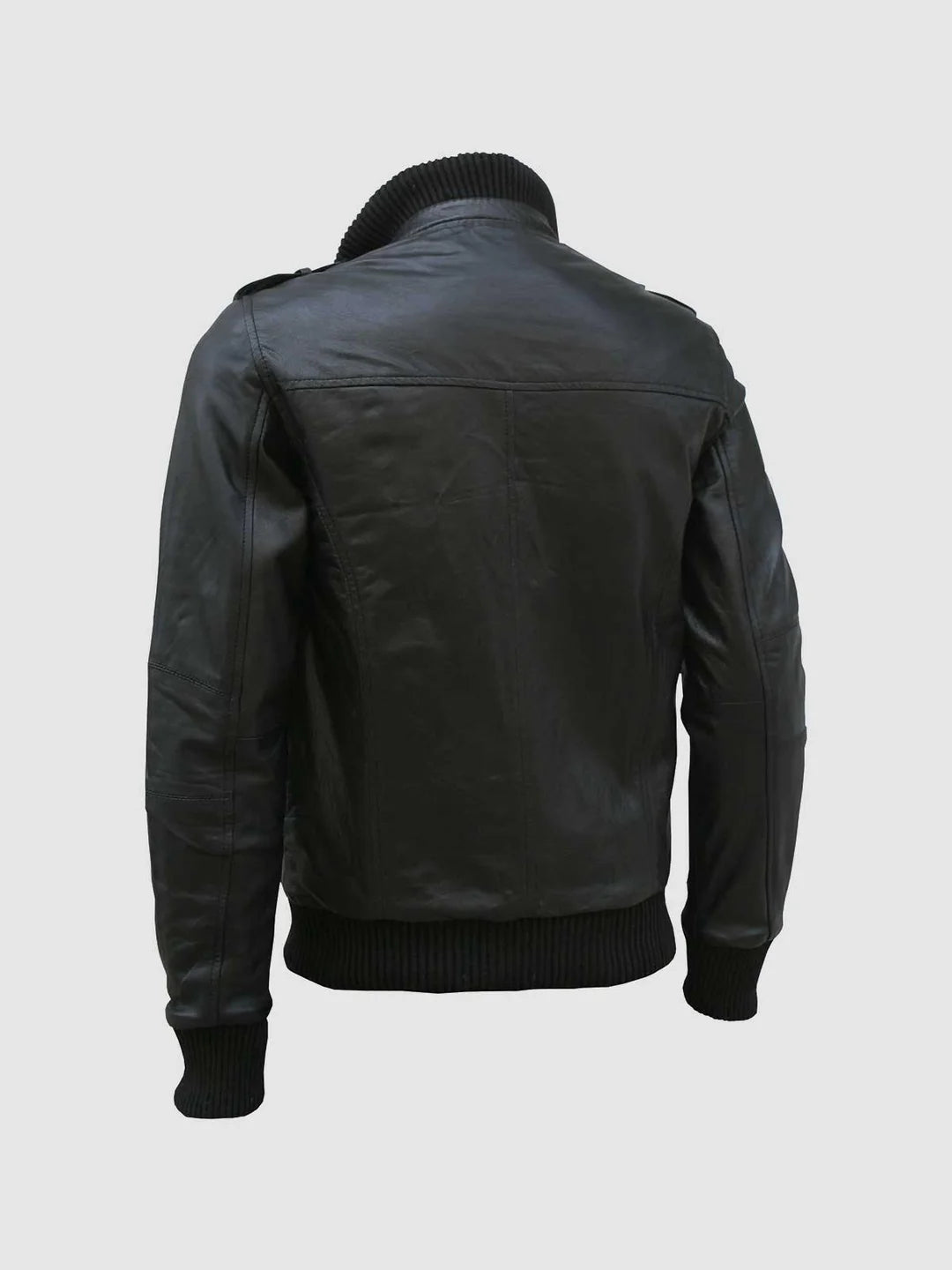 Back view of AeroCore black leather bomber jacket.