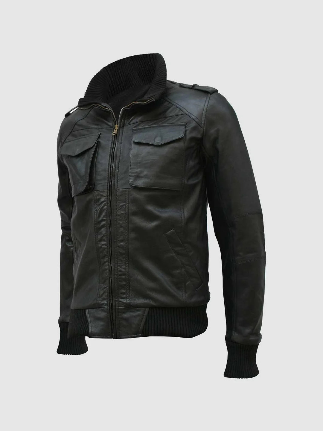 Angled view of AeroCore black leather bomber jacket with stand collar.