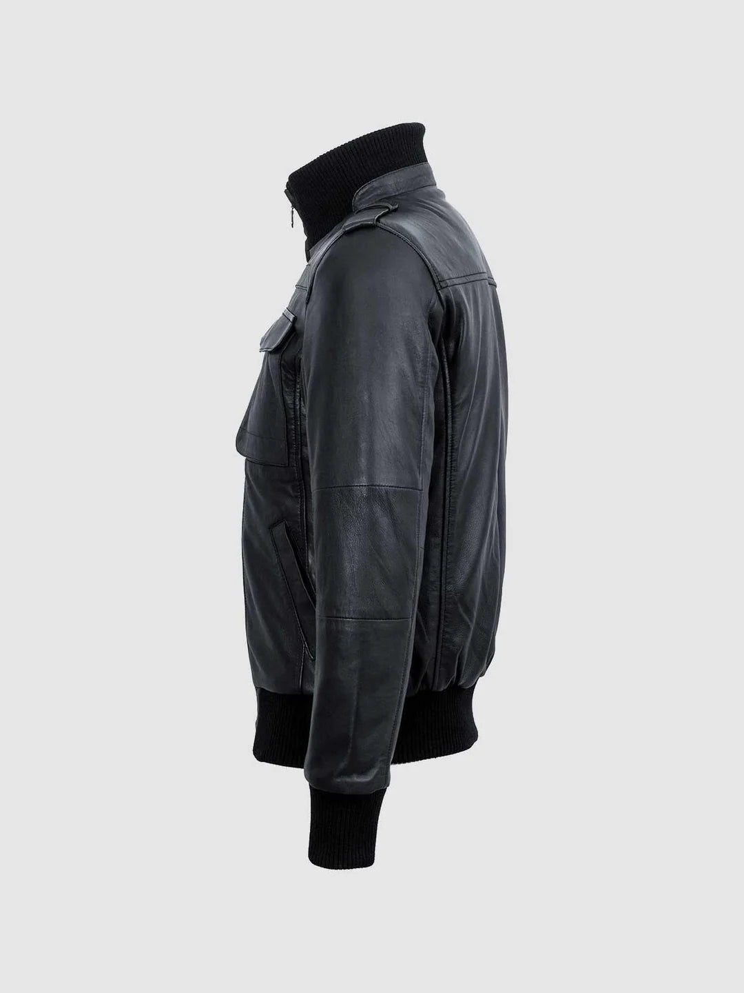 Side view of AeroCore black lambskin leather bomber jacket.