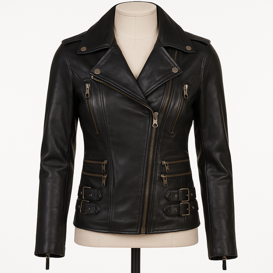 Ashwood Timber black lambskin biker jacket, front view with buckled waist.