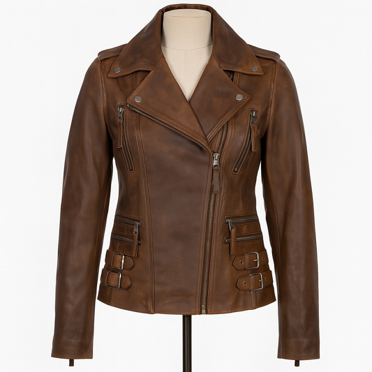 Ashwood Timber vintage lambskin biker jacket, front view in chocolate brown.