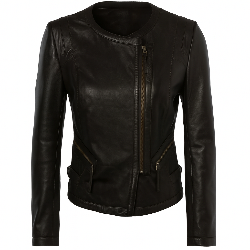 Auburn Edge women's asymmetrical leather biker jacket, front view.