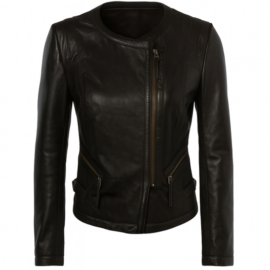 Auburn Edge women's asymmetrical leather biker jacket, front view.