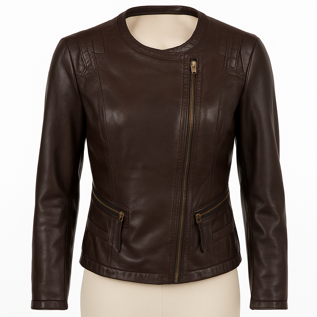 Auburn Edge women’s leather jacket, front view in chocolate brown.