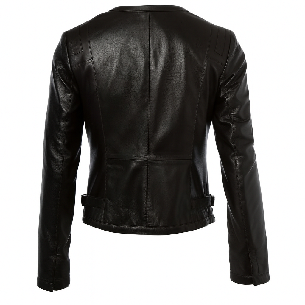 Auburn Edge women's asymmetrical leather biker jacket, back view.