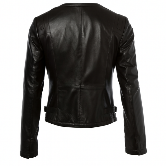 Auburn Edge women's asymmetrical leather biker jacket, back view.