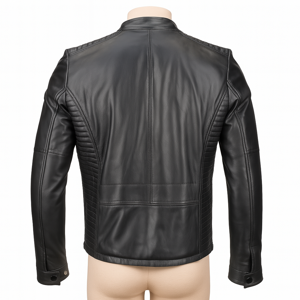 Axis Moto Café Racer back view in black lamb leather.