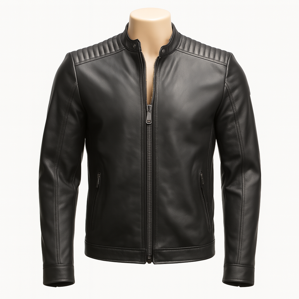 Axis Moto Café Racer front view in black lamb leather.