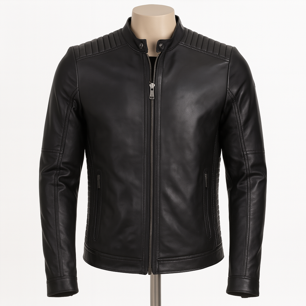 Axis Moto Café Racer front view in black lamb leather.