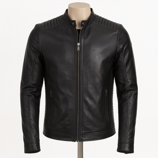 Axis Moto Café Racer front view in black lamb leather.