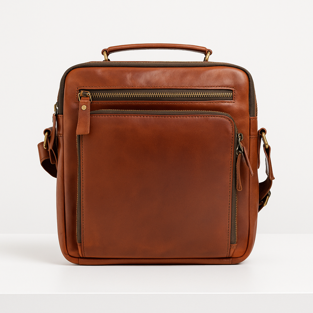 Front view of The Camden Crossbody with dual zippered pockets