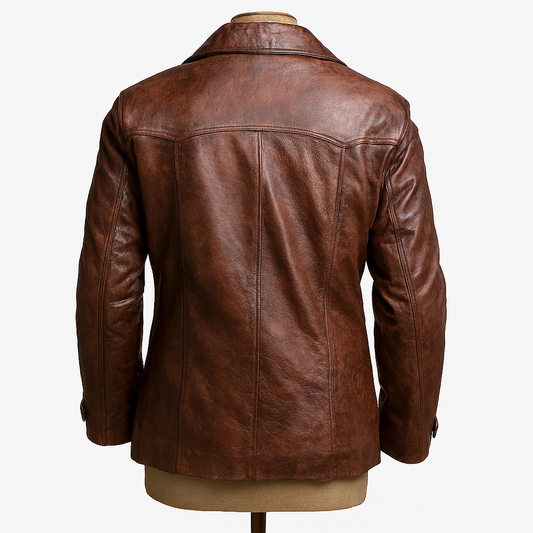 IronHide™ Heritage Leather Peacoat – Vintage Brown Full-Grain Jacket