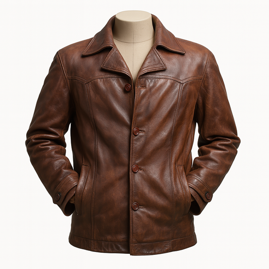 IronHide™ Heritage Leather Peacoat – Vintage Brown Full-Grain Jacket