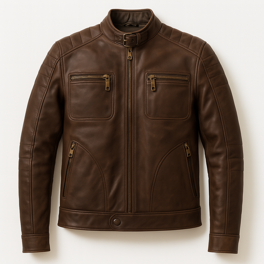 Front view of IronRidge café racer jacket in deep chocolate brown leather.